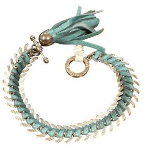NISSA BLUE LEATHER WOVEN SILVERTONE WRAP CHAIN BRACELET TOGGLE CLOSURE